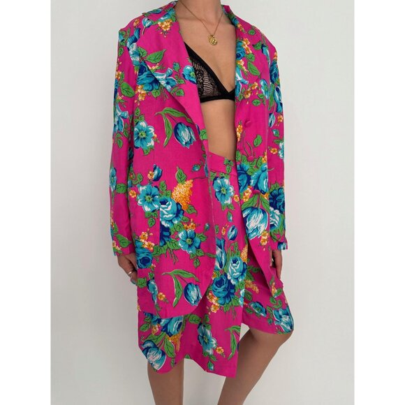 90s vintage pink floral print pure silk blazer skort 2 piece coord matching set - Picture 6 of 10